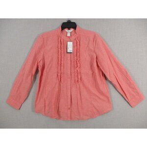 Christopher & Banks Coral Ruffle Front Button-Up Shirt Petite Large 100% Cotton